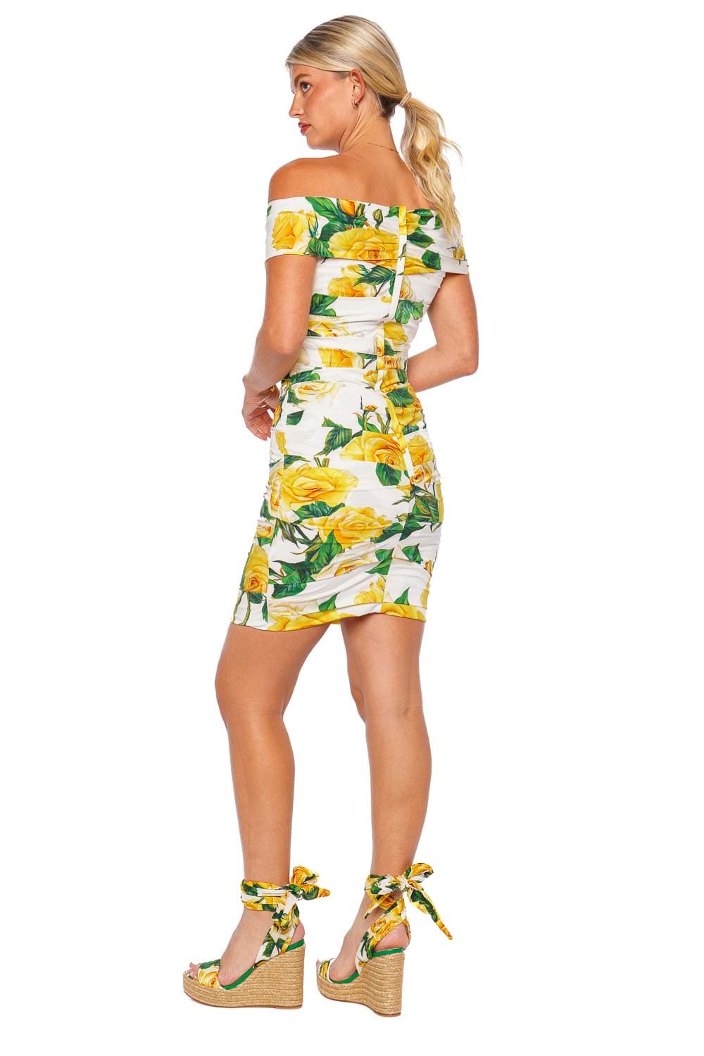 Dolce & Gabbana Flowering Ruched Off Shoulder Mini Dress