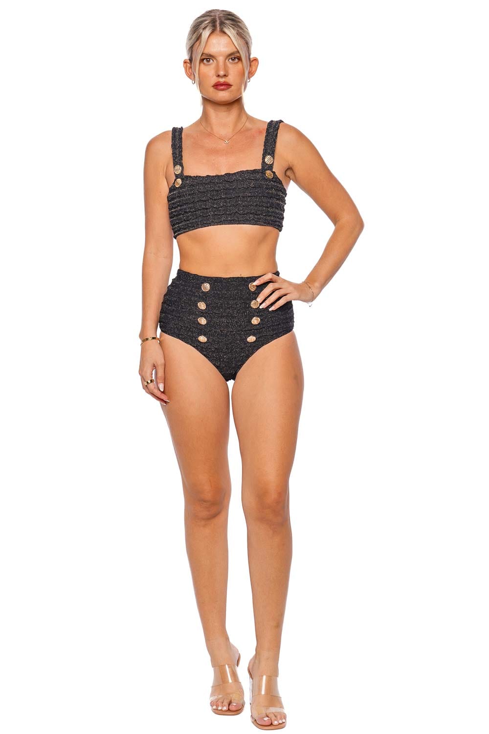 PatBO Black Crinkle Lurex Bikini Top