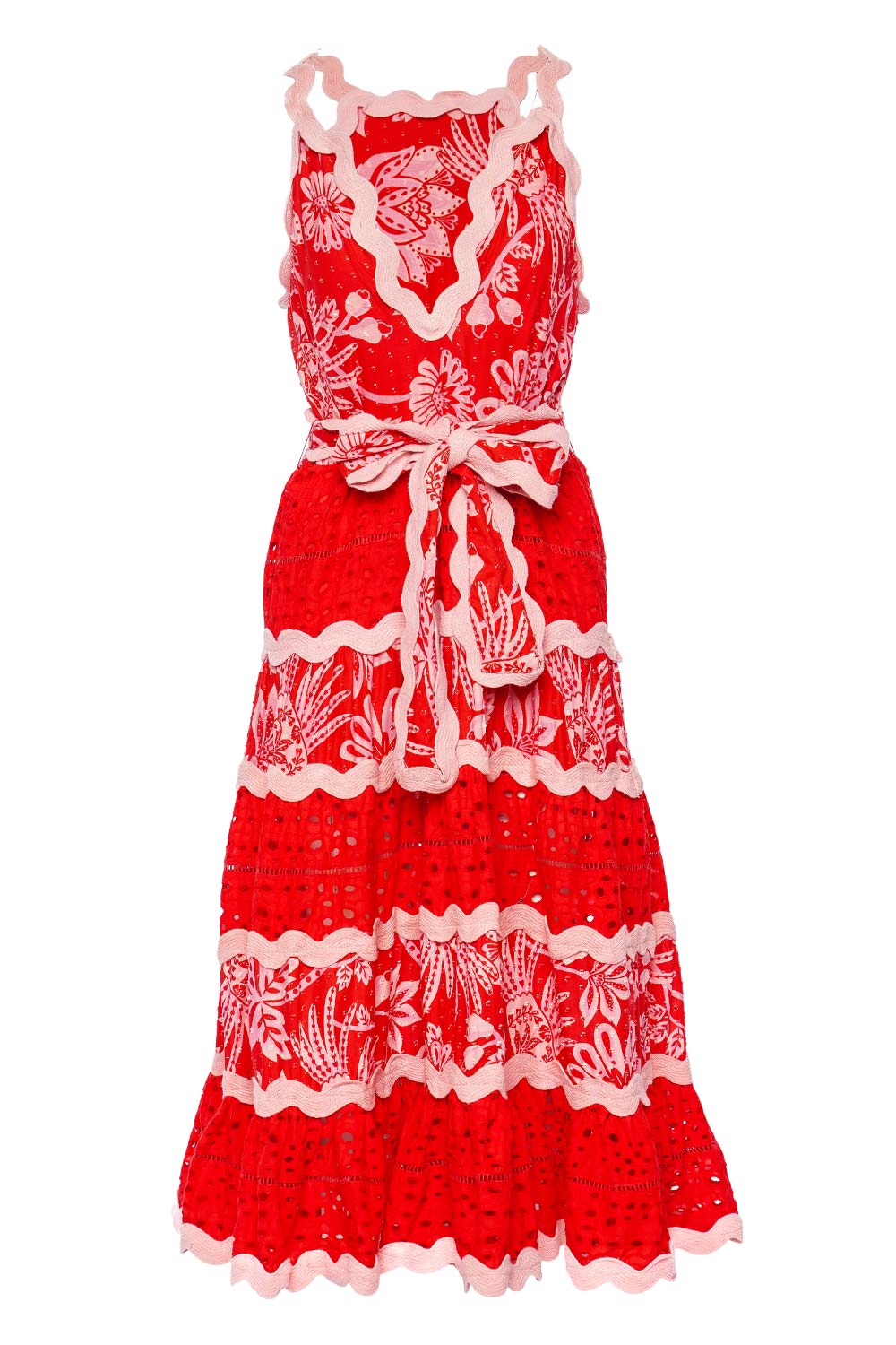 FARM Rio Flowerful Red Scallop Belted Midi Dress