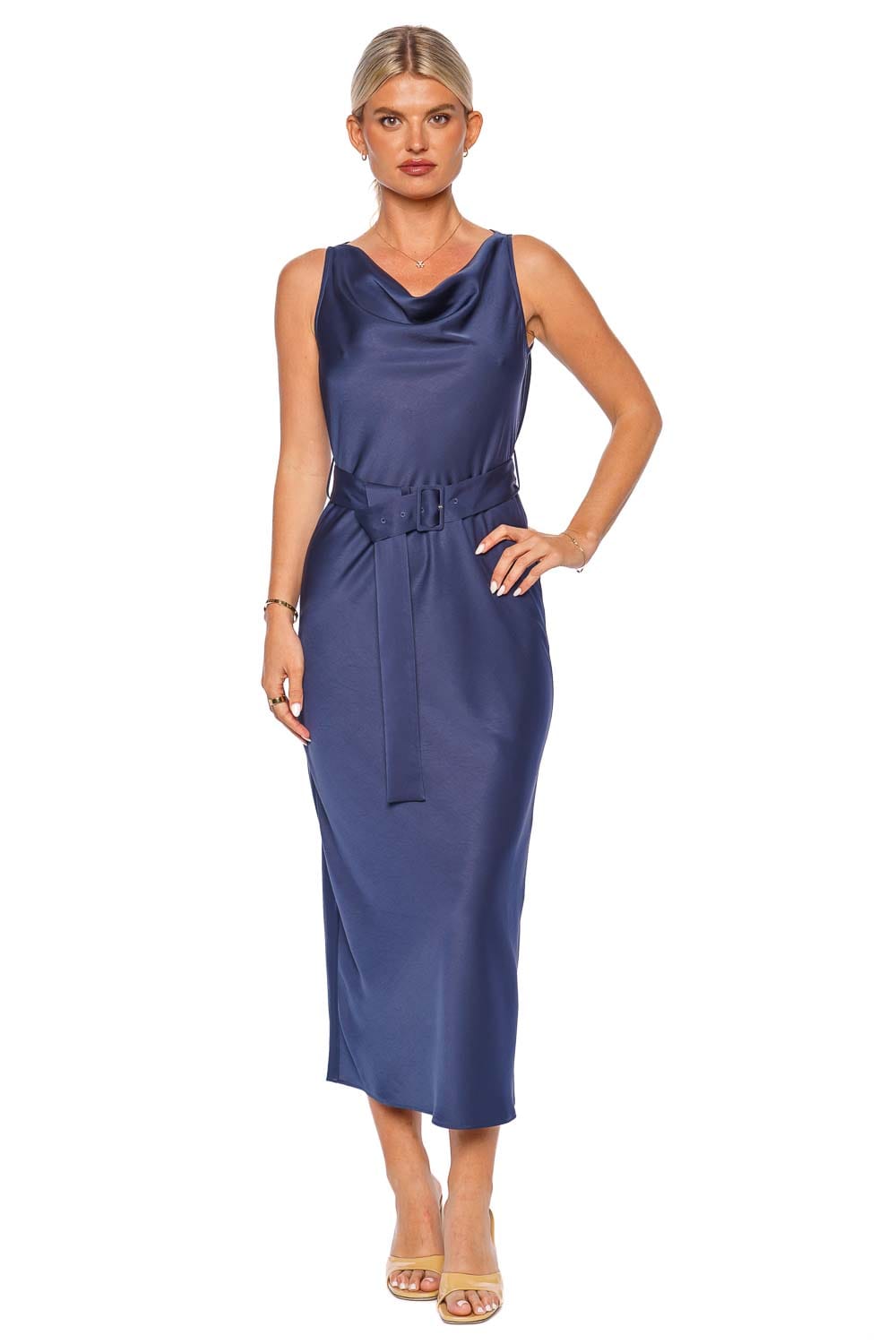 LAPOINTE Ink Textured Satin Belted Midi Dress