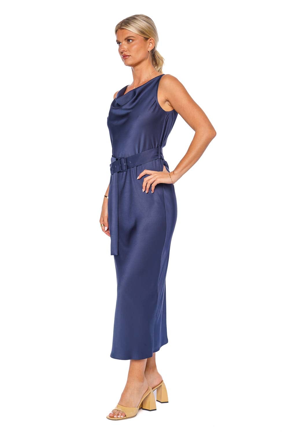 LAPOINTE Ink Textured Satin Belted Midi Dress