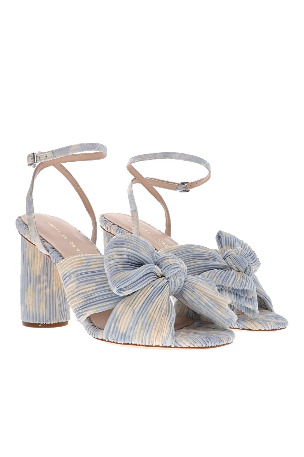 Loeffler Randall CAMELLIA PLEATED KNOT HEELED SANDAL WITH ANKLE STRAP CAMELLIA-PLFA-DUSBF Dusty Blue Floral