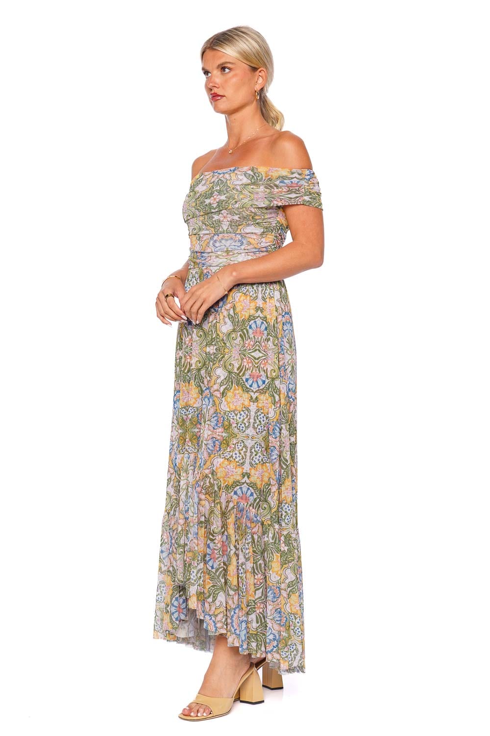 MISA LOS ANGELES Fiorella Printed Mesh Off Shoulder Maxi Dress