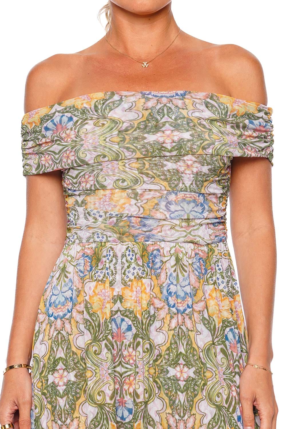 MISA LOS ANGELES Fiorella Printed Mesh Off Shoulder Maxi Dress