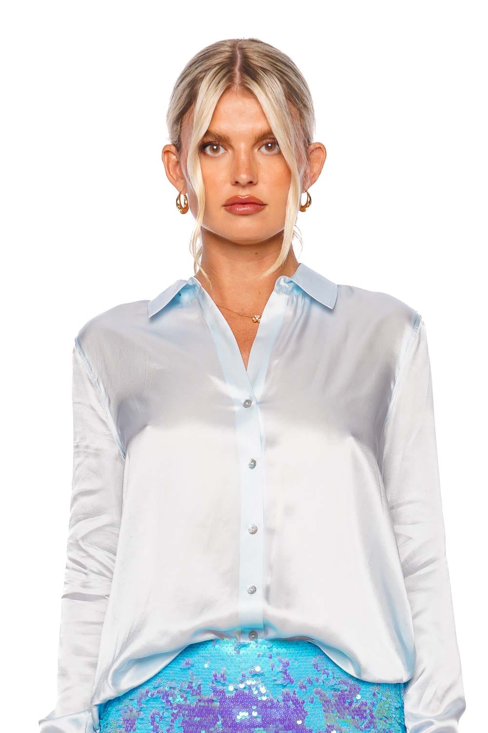 L'AGENCE Tyler Ice Blue Silk Button Down Blouse