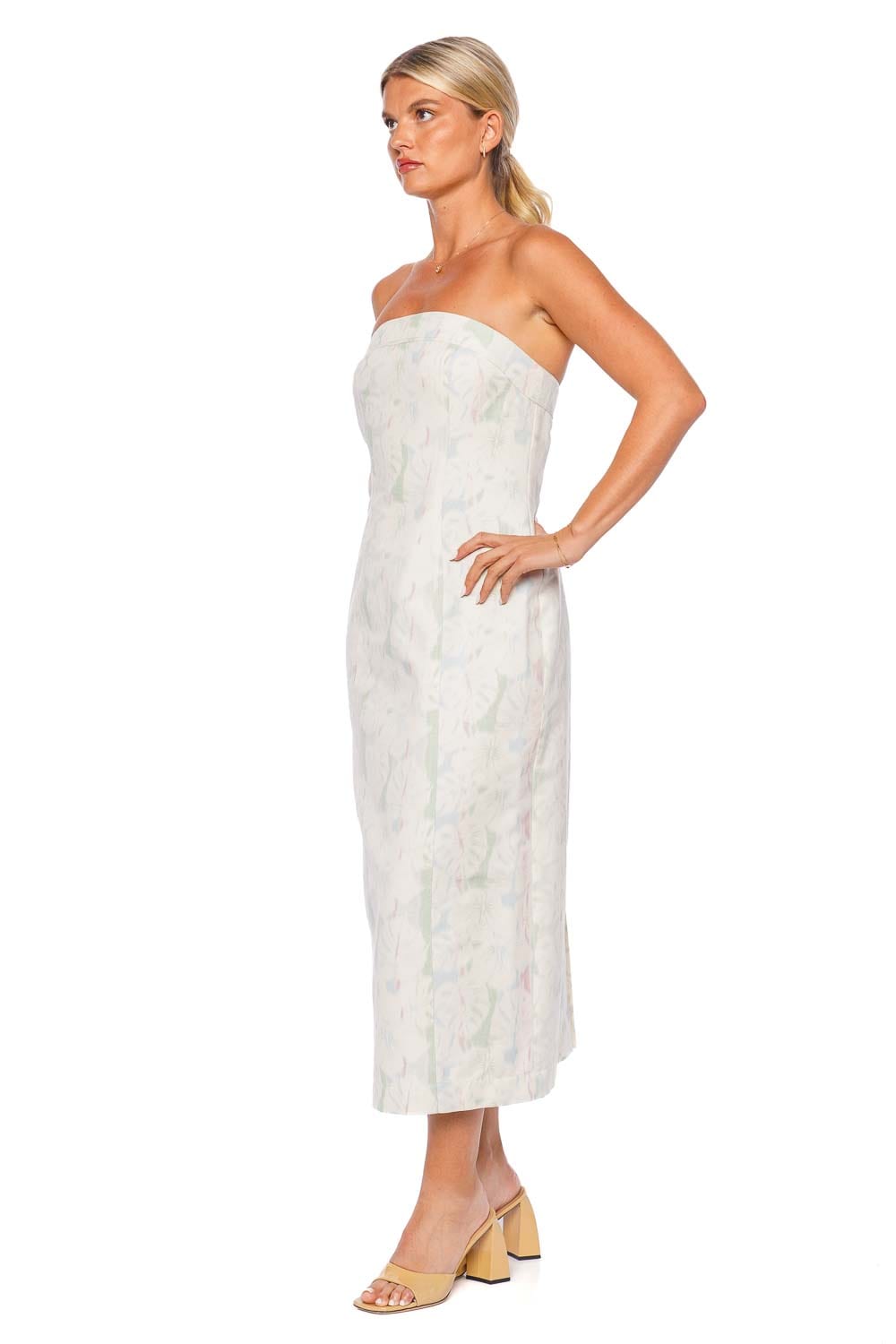 Matthew Bruch Tropical Printed Denim Strapless Midi Dress