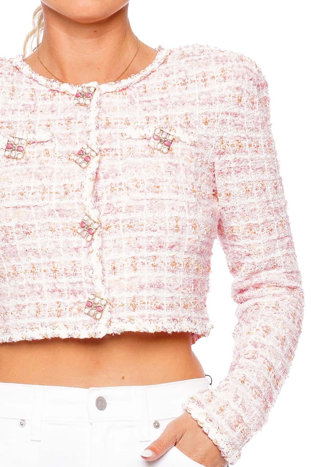 self-portrait Pink Check Cropped Knit Cardigan