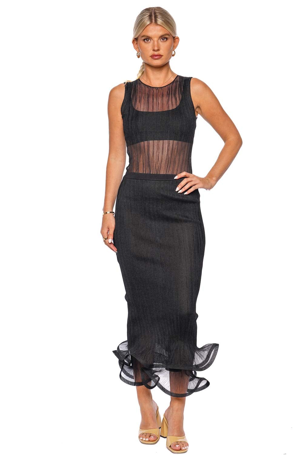 SIMKHAI Kelso Pleated Black Ruffled Midi Skirt