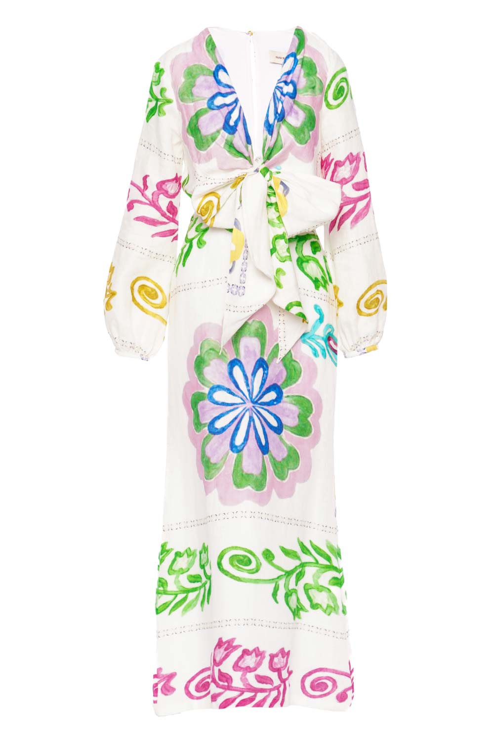 Silvia Tcherassi Battia Floral Linen Long Sleeve Midi Dress