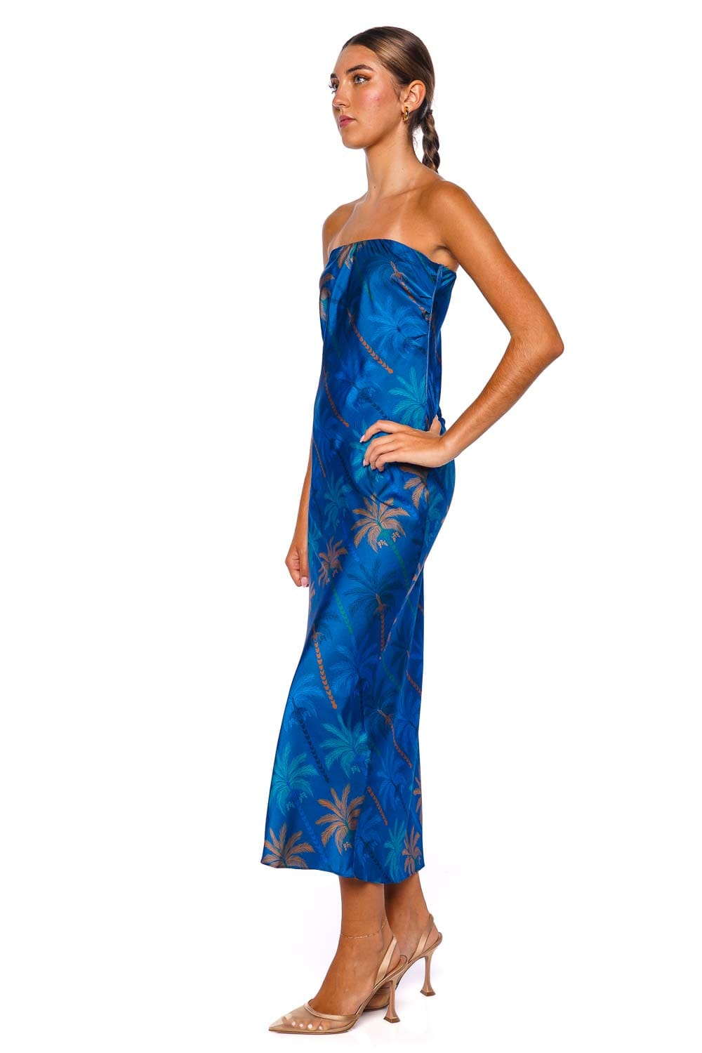 MISA LOS ANGELES Thara Cobalt Palms Strapless Midi Dresa