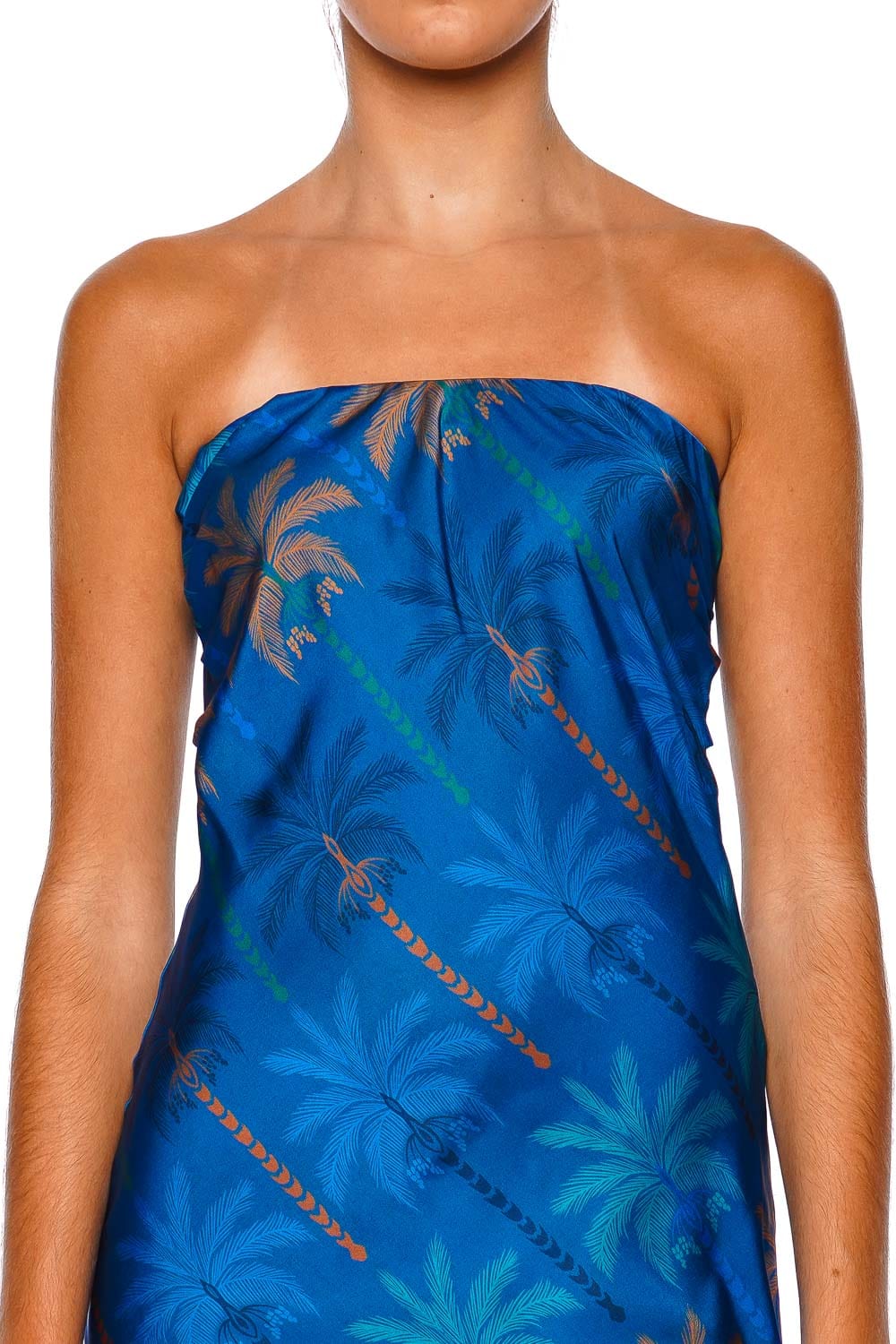 MISA LOS ANGELES Thara Cobalt Palms Strapless Midi Dresa