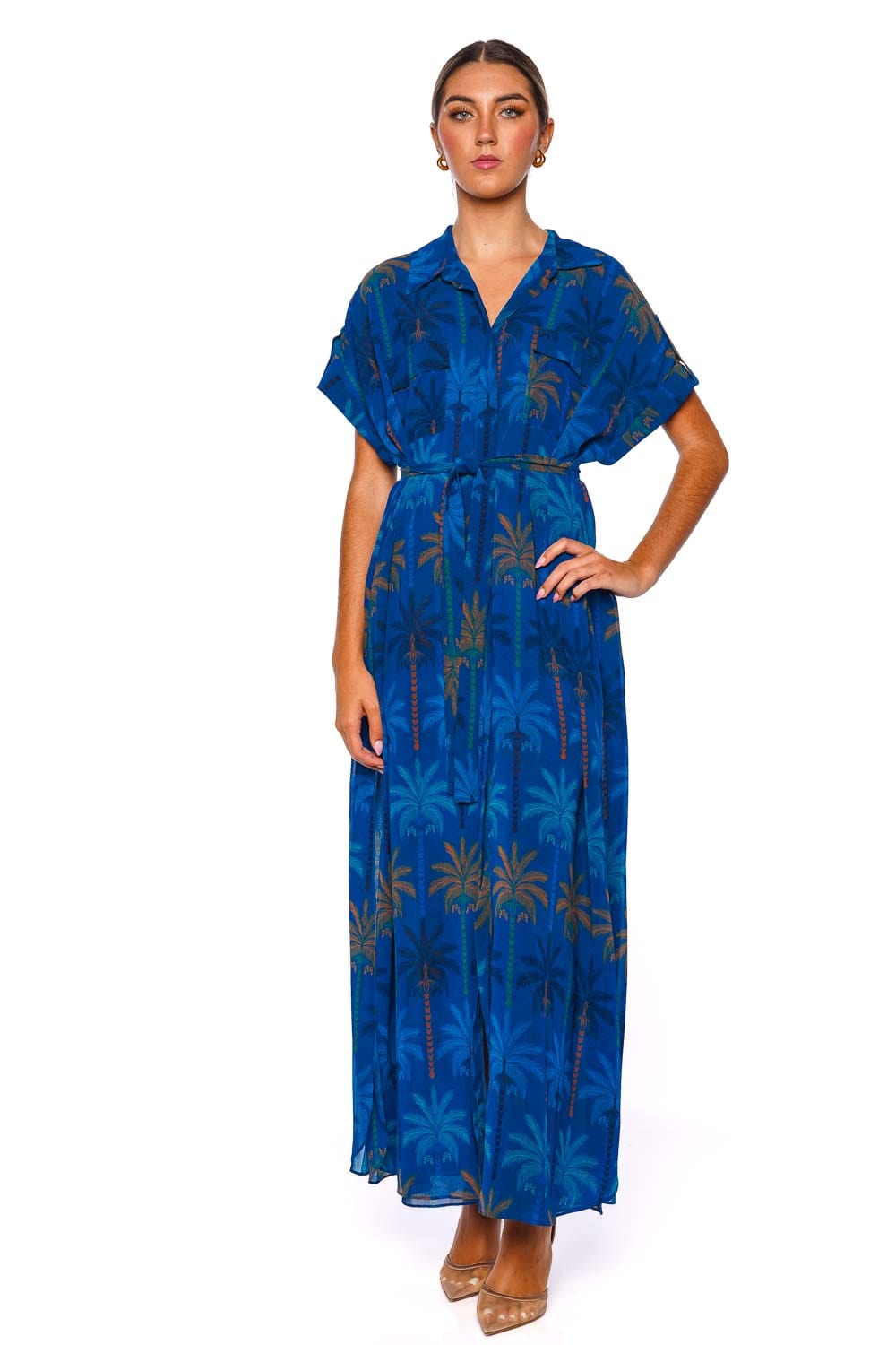 MISA LOS ANGELES Lou Cobalt Palms Maxi Shirt Dress