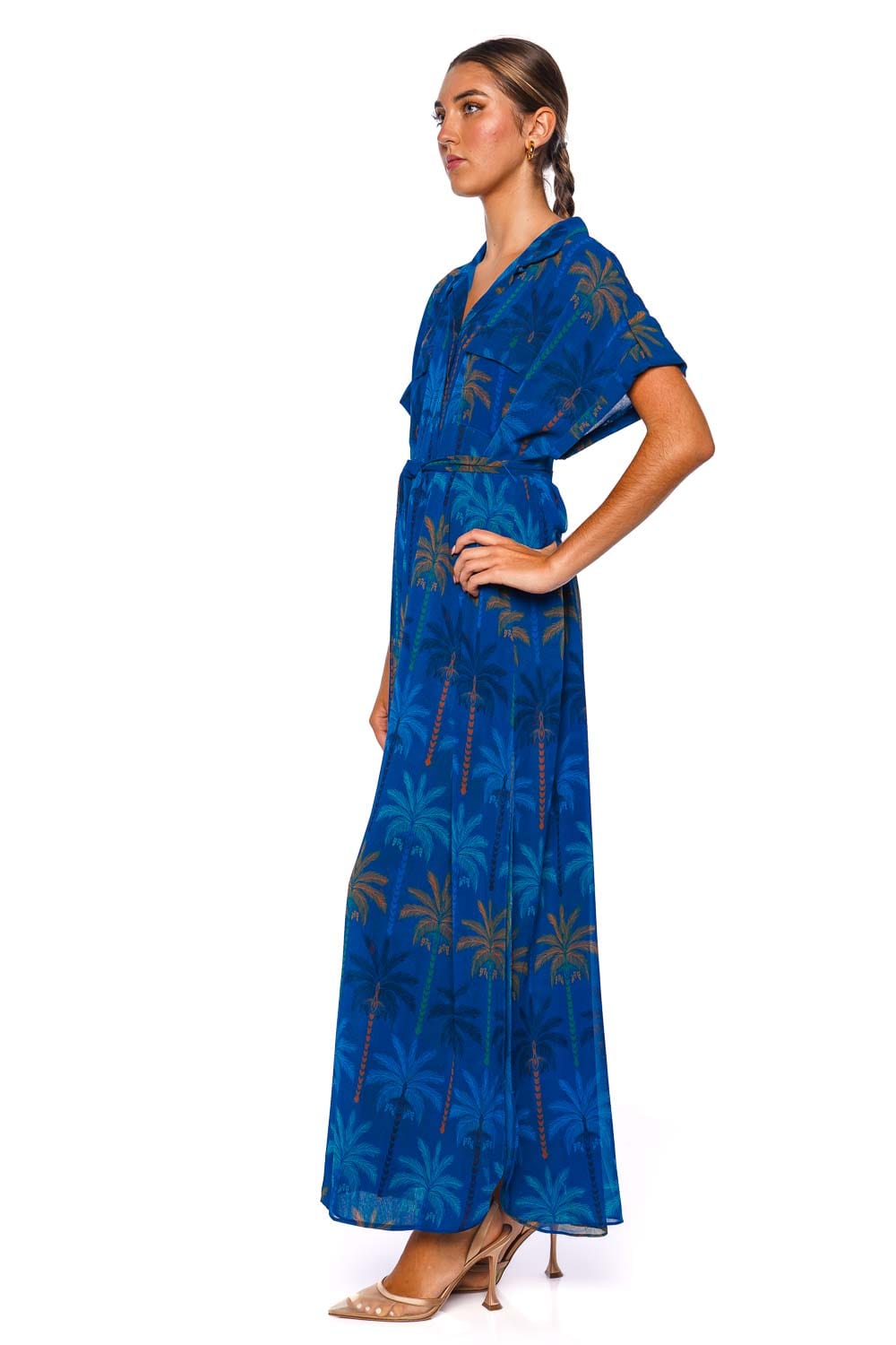 MISA LOS ANGELES Lou Cobalt Palms Maxi Shirt Dress