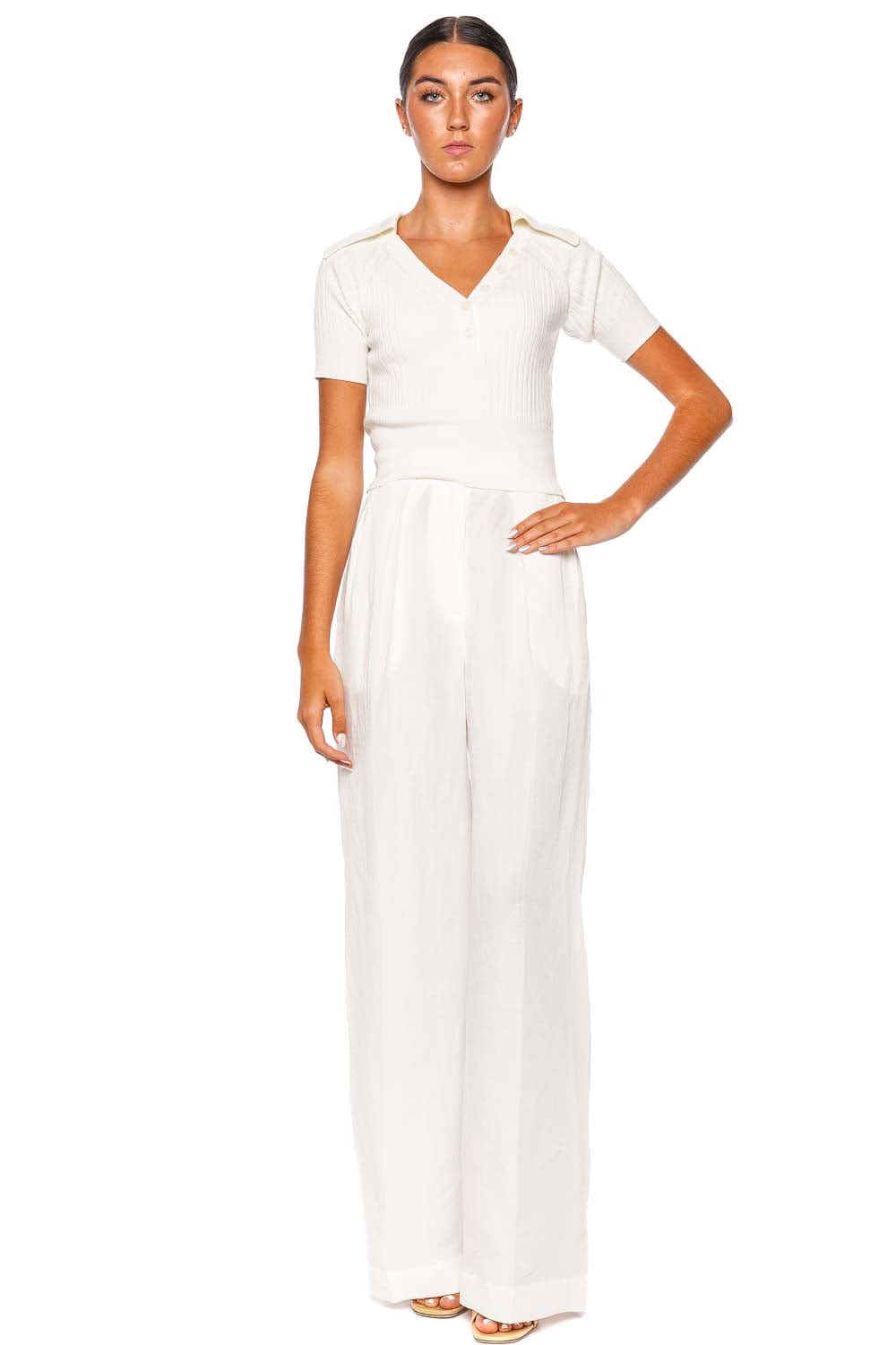 Matthew Bruch White Button Pleated Wide Leg Trouser