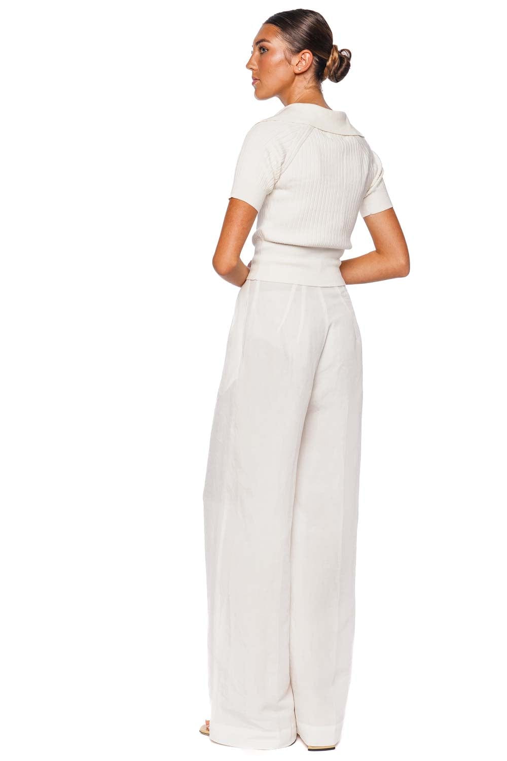 Matthew Bruch White Button Pleated Wide Leg Trouser