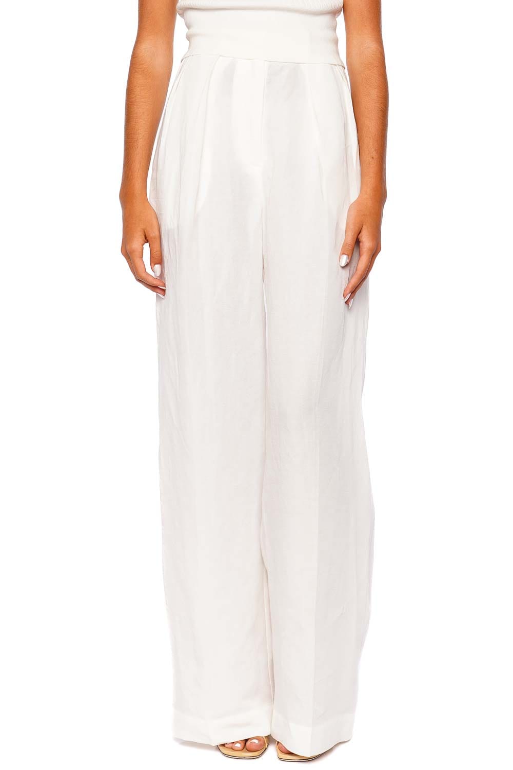 Matthew Bruch White Button Pleated Wide Leg Trouser