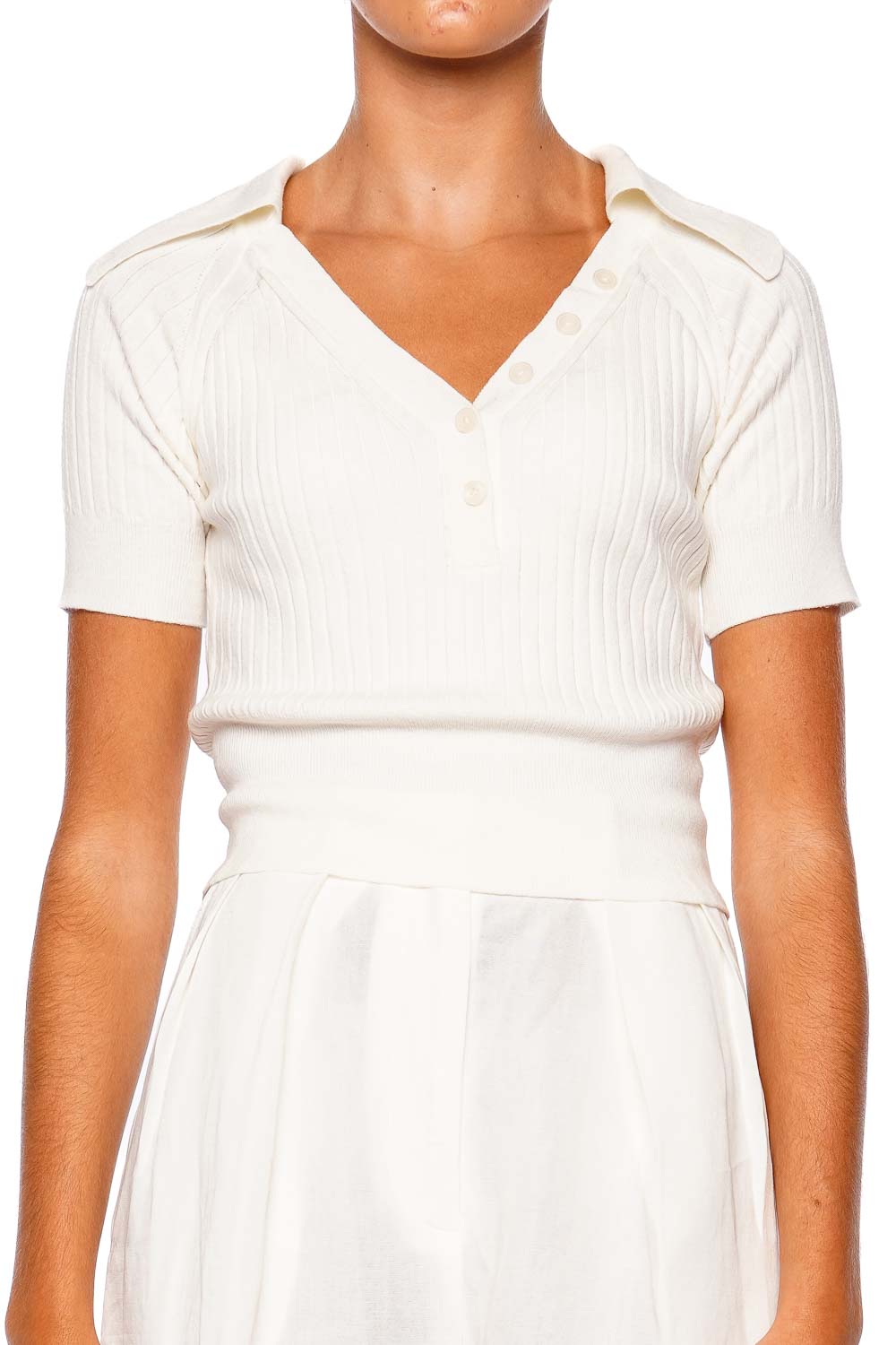 Matthew Bruch White Rib Knit Polo Crop Top