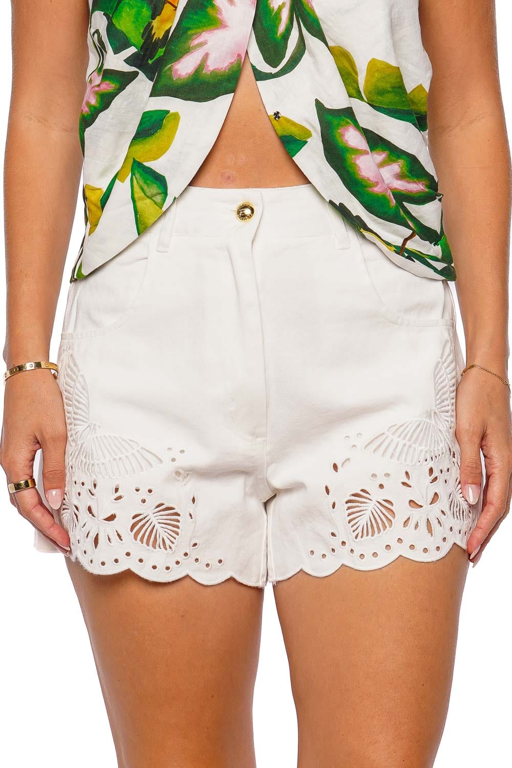 FARM Rio White Richilieu Embroidered Scallop Short