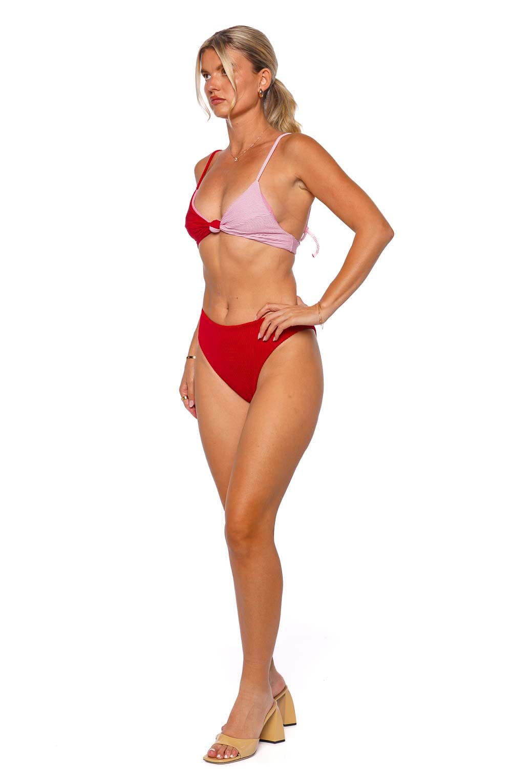 FARM Rio Pink & Red Colorblock Knotted Bikini Top