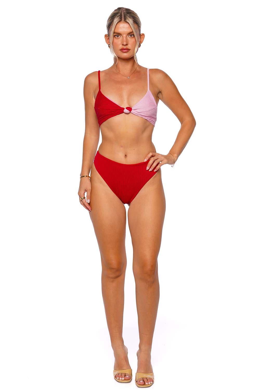 FARM Rio Pink & Red Colorblock Knotted Bikini Top