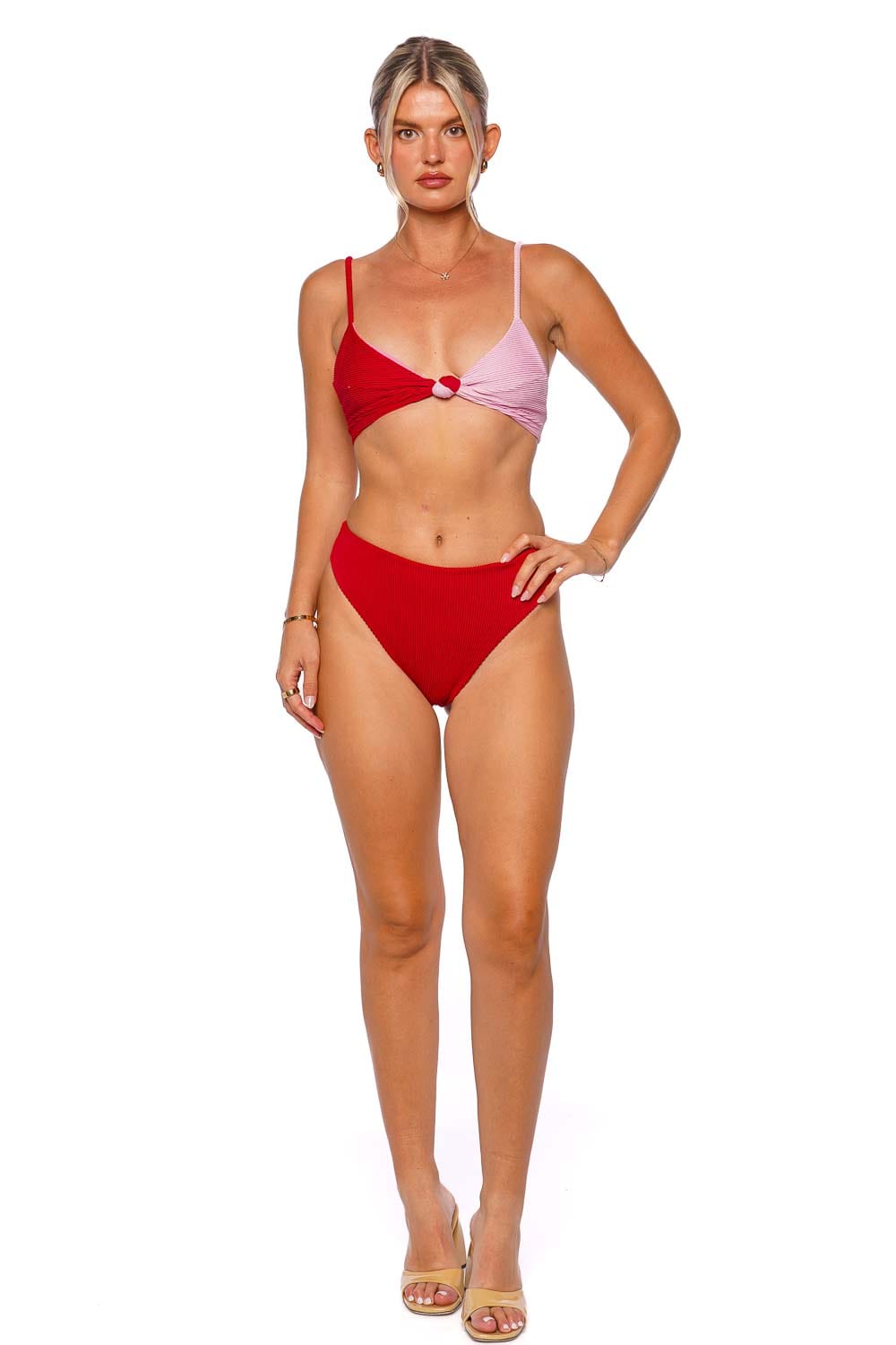 FARM Rio Red Ribbed High Waisted Bikini Bottom