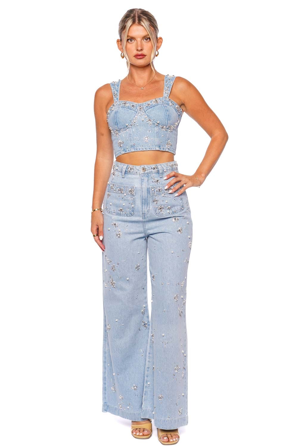 PatBO Hand Beaded Wide Leg Jeans