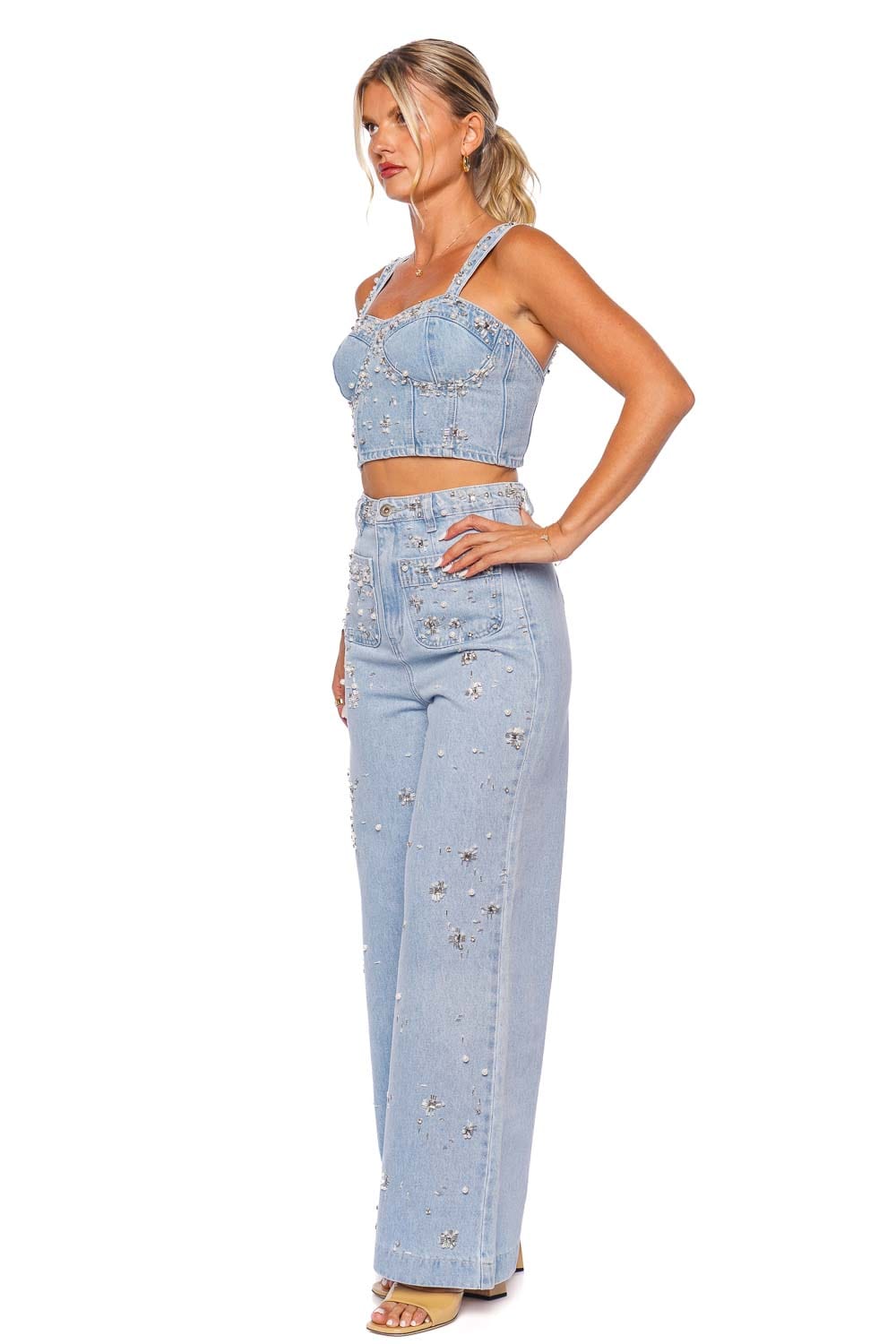 PatBO Hand Beaded Wide Leg Jeans