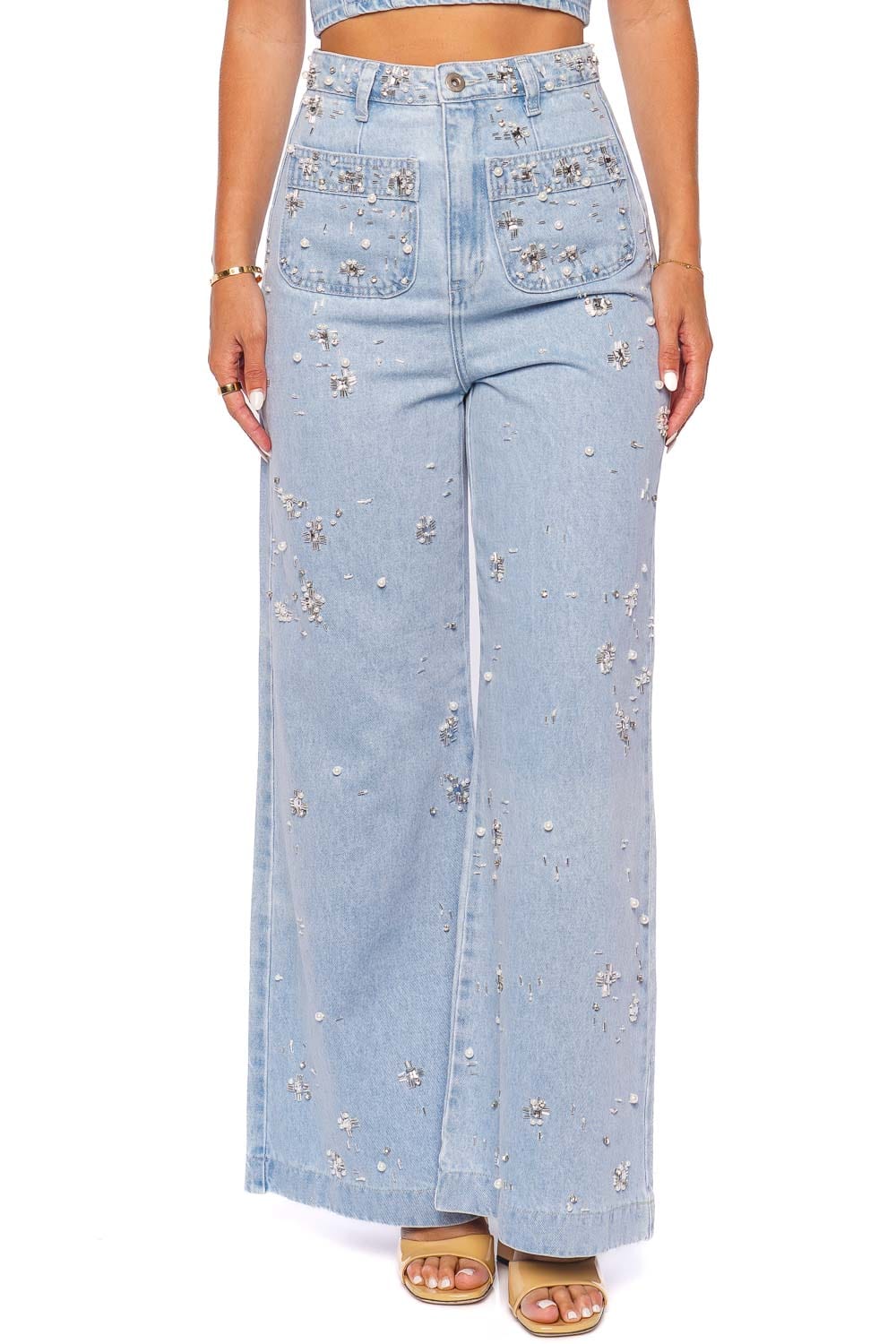 PatBO Hand Beaded Wide Leg Jeans