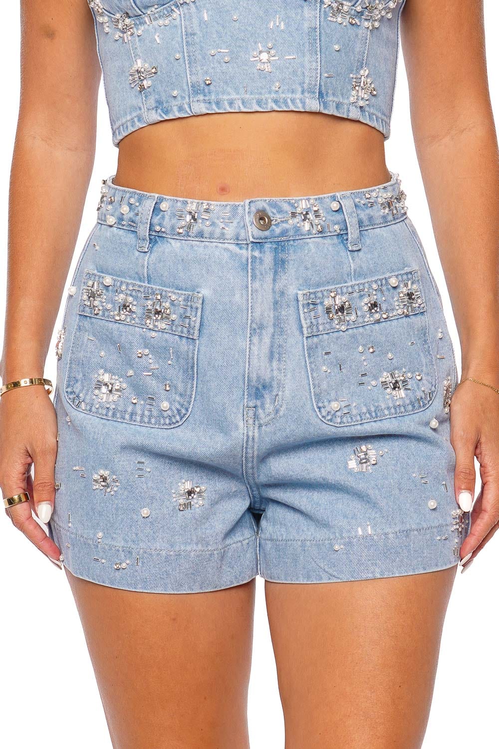 PatBO Hand Beaded Patch Pocket Denim Shorts