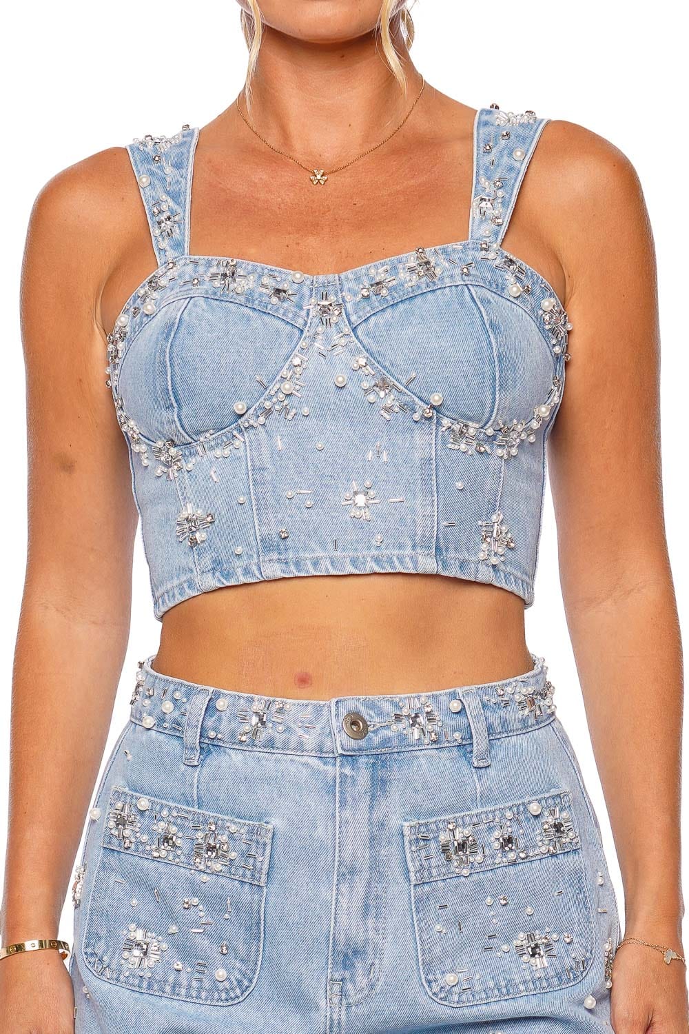 PatBO Hand Beaded Embroidered Denim Top