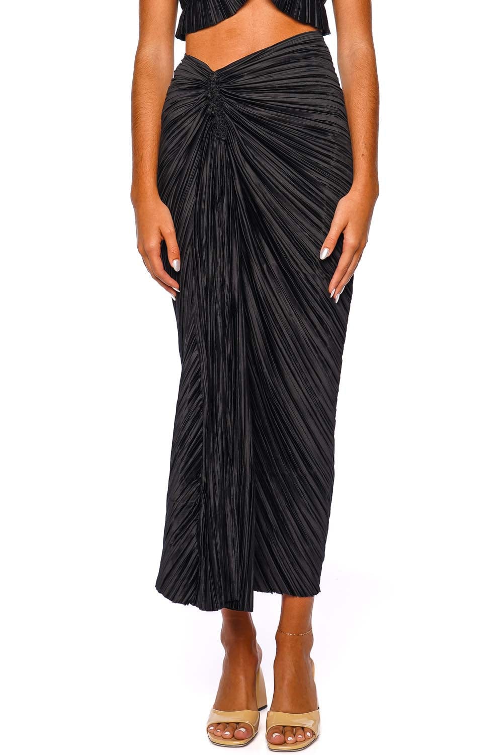 Cult Gaia Sonoma Black Plissé Satin Midi Skirt