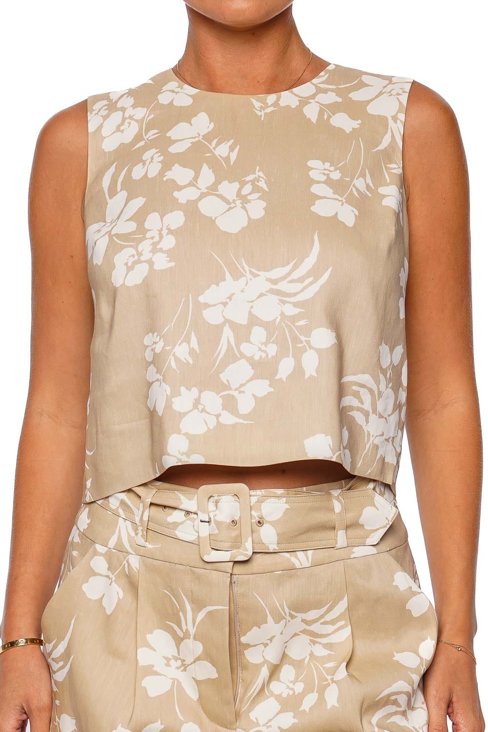 Veronica Beard Clarendon Stone Khaki Sleeveless Floral Top