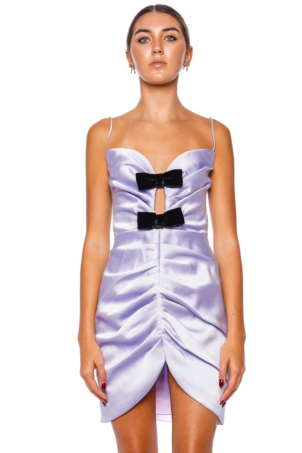 Rasario Lilac Velvet Bow Cut Out Mini Dress