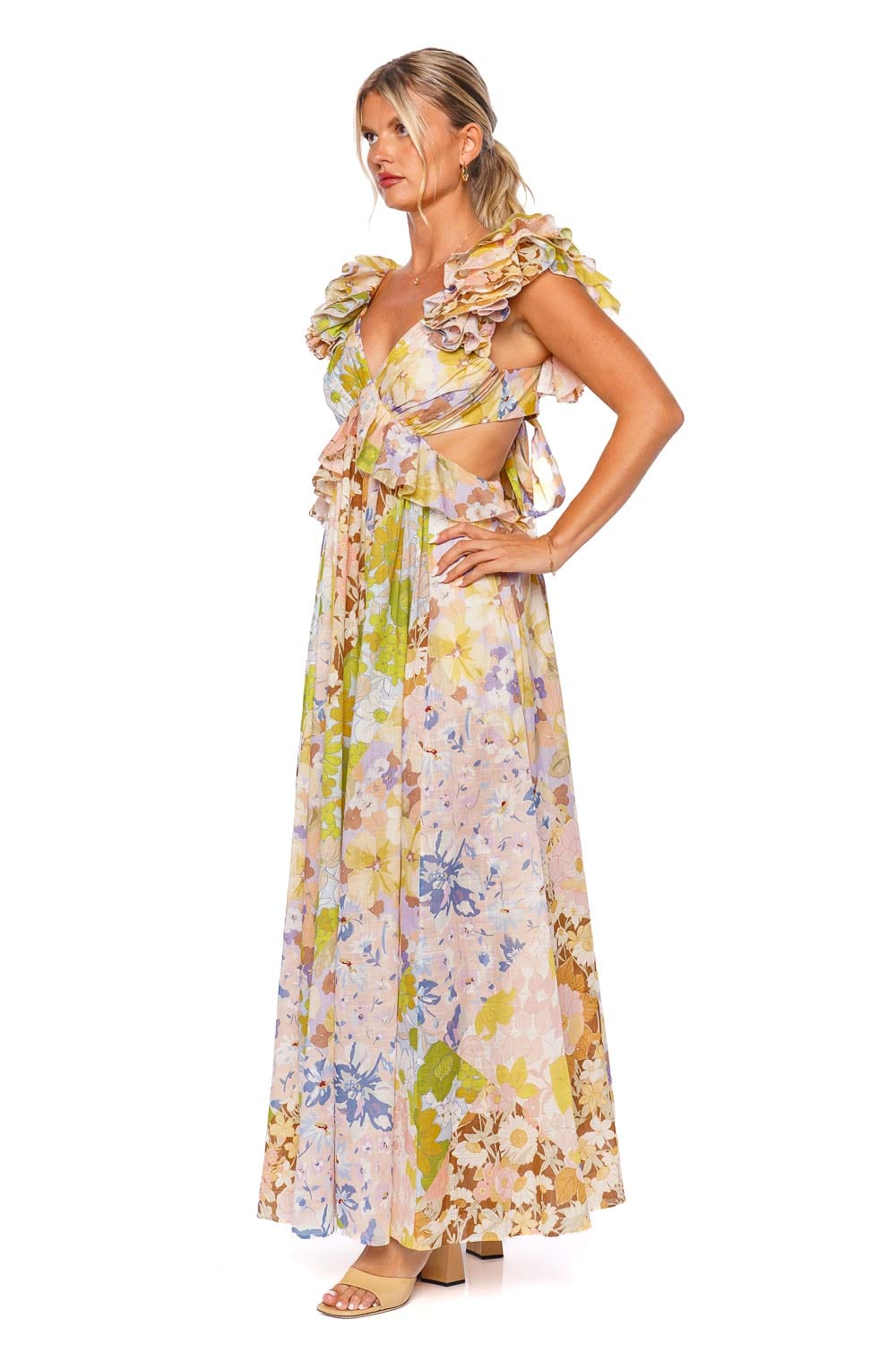 Pop Ruffled Patch Floral Midi Dress