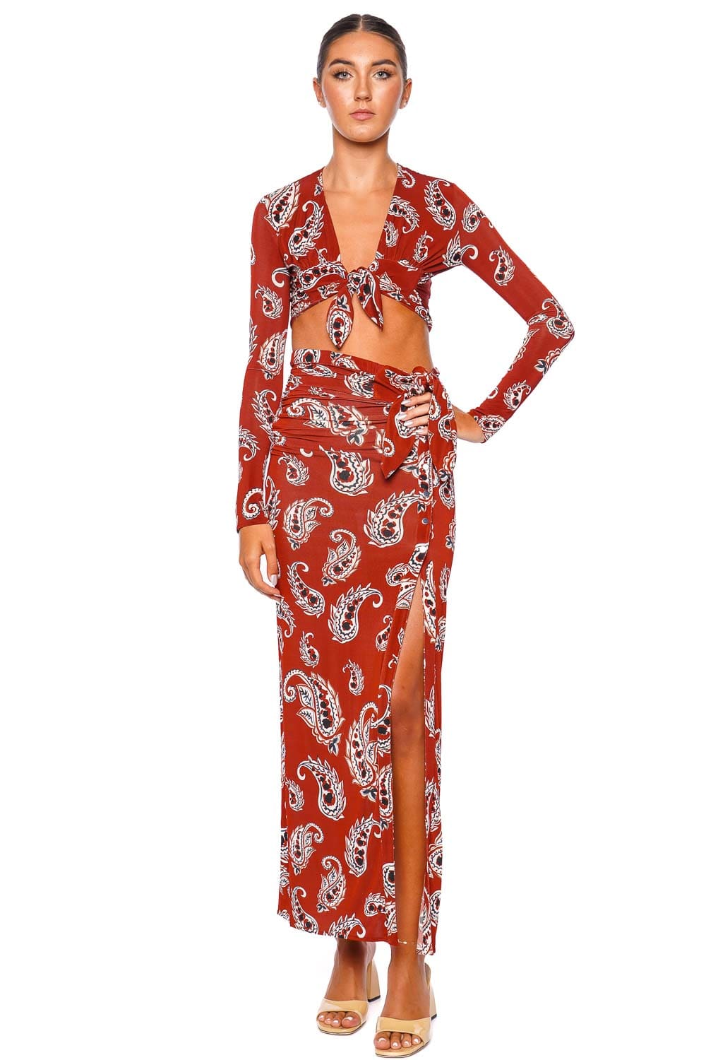 Rabanne Paisley Terracotta Jersey Wrap Maxi Skirt