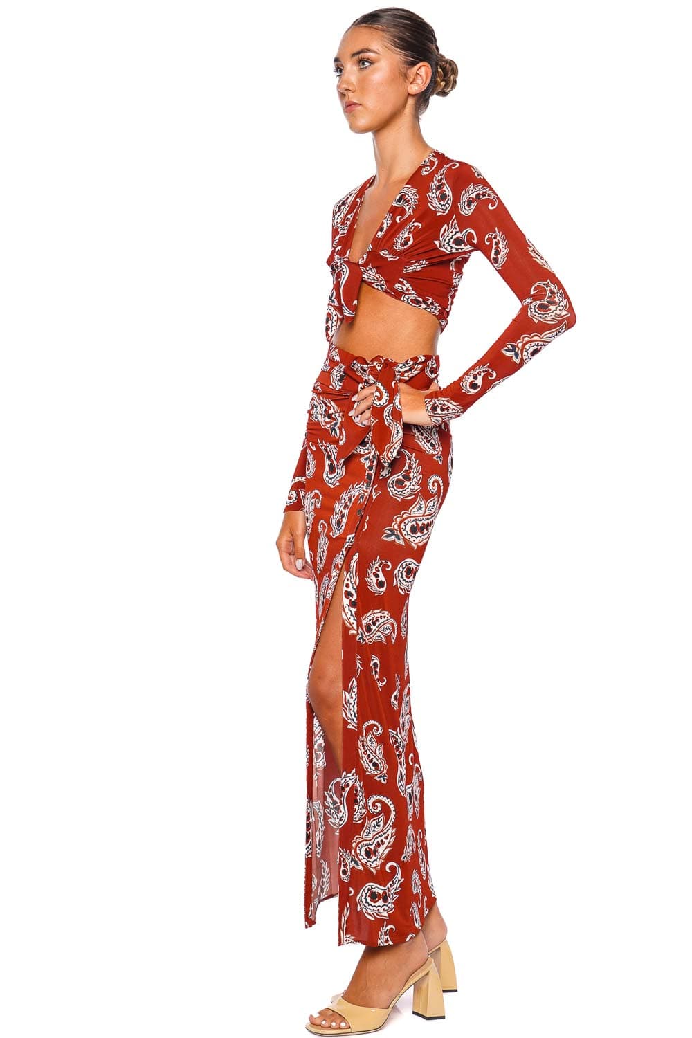 Rabanne Paisley Terracotta Jersey Wrap Maxi Skirt