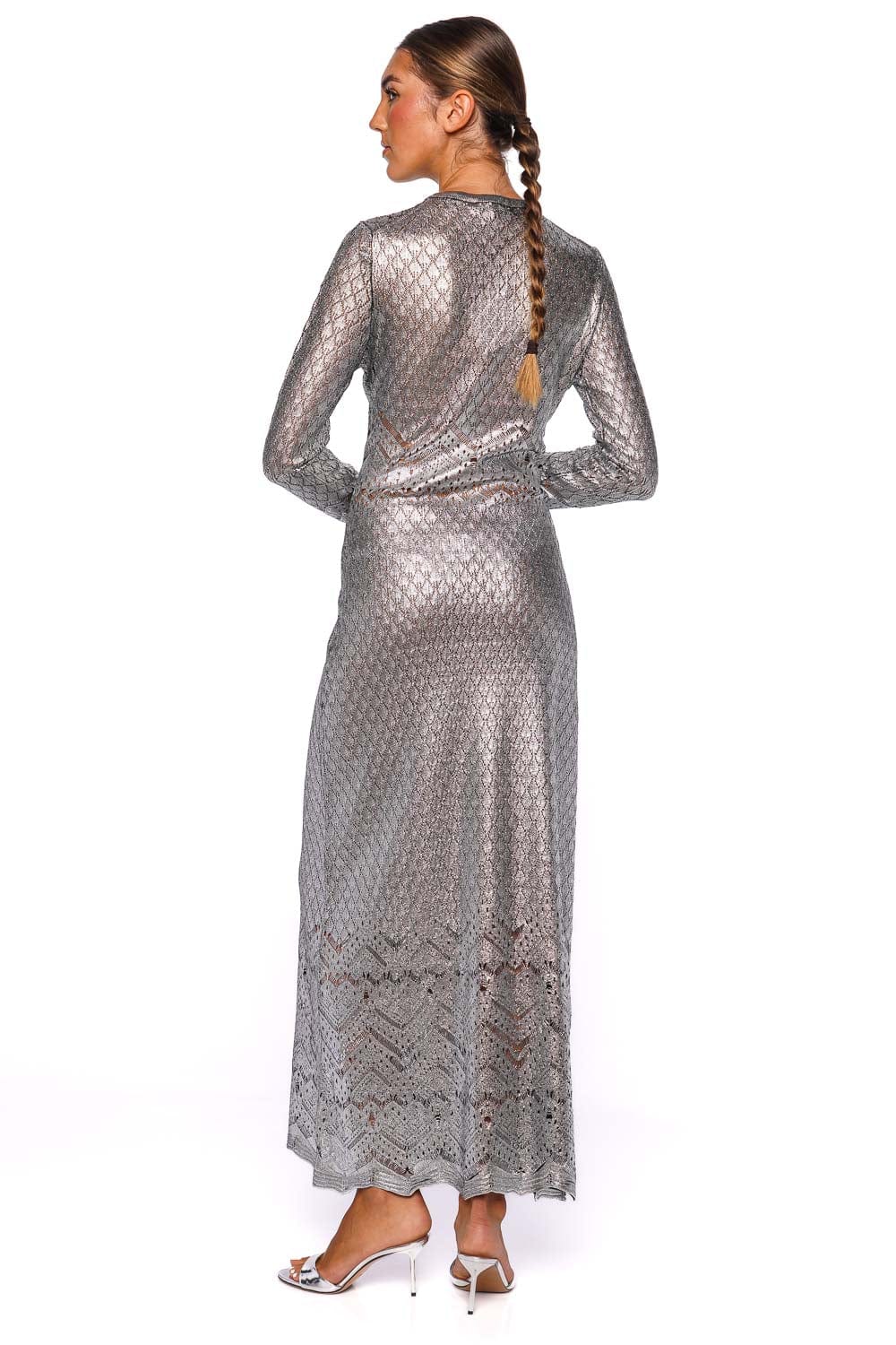 Rabanne Metallic Lace Long Sleeve Knit Maxi Dress