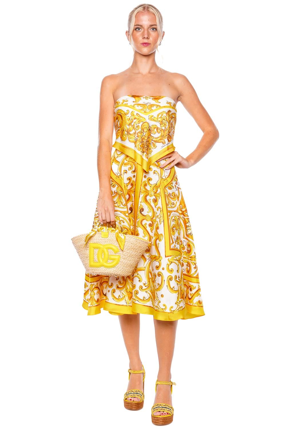 Dolce & Gabbana Majolica Gialla Strapless Midi Dress