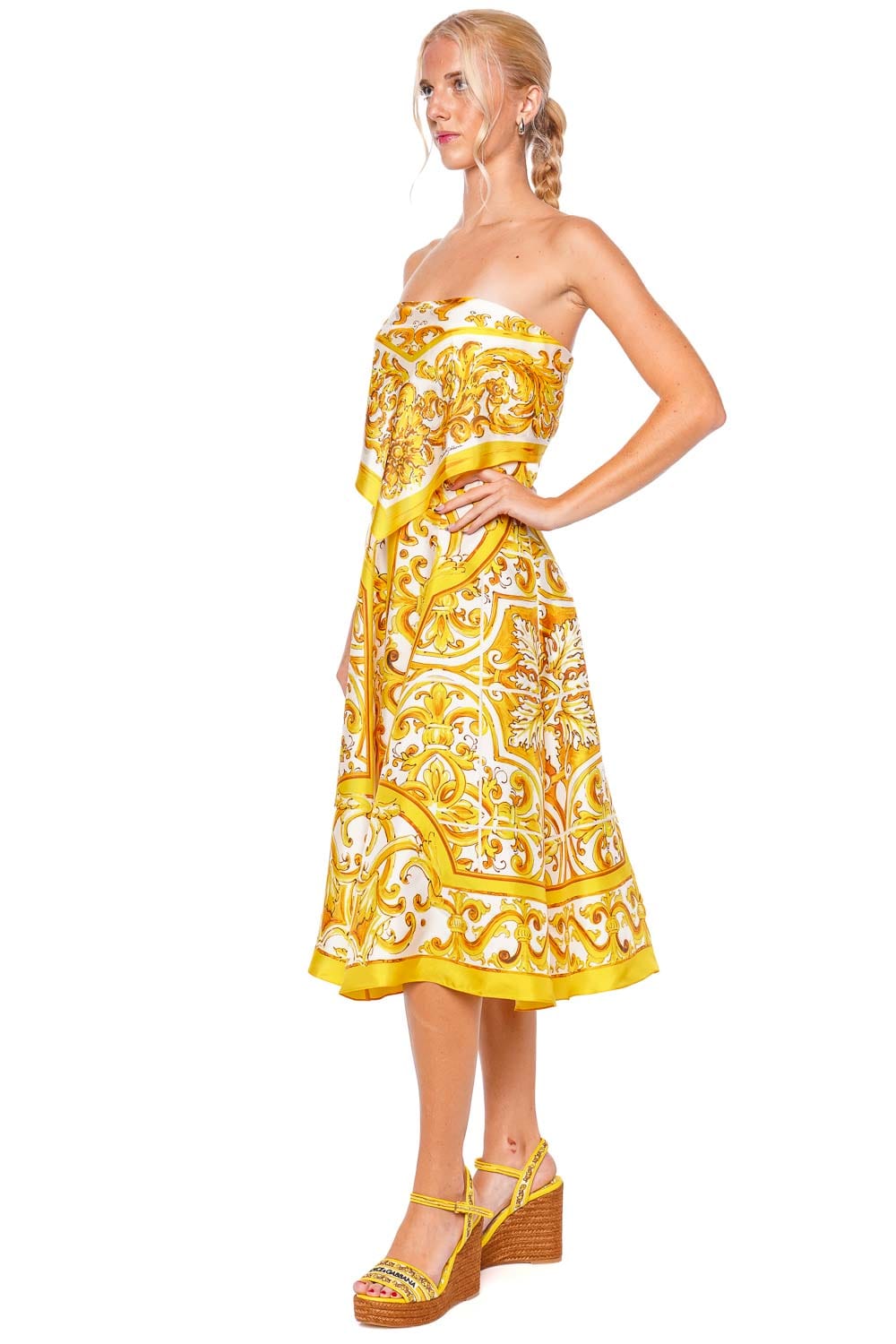 Dolce & Gabbana Majolica Gialla Strapless Midi Dress