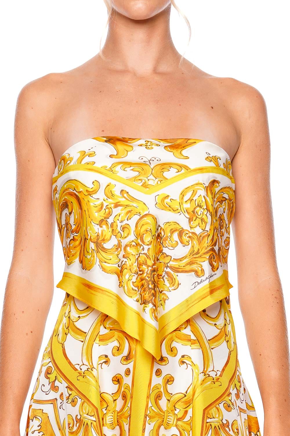 Dolce & Gabbana Majolica Gialla Strapless Midi Dress