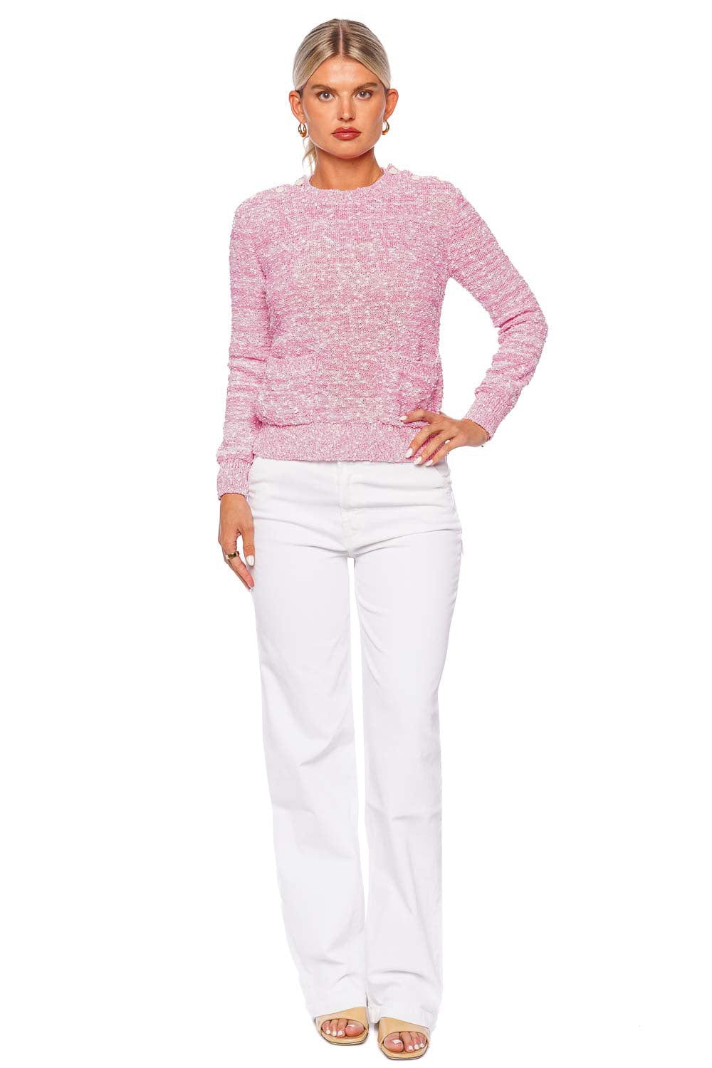 FRAME Pink Boucle Patch Pocket Sweater