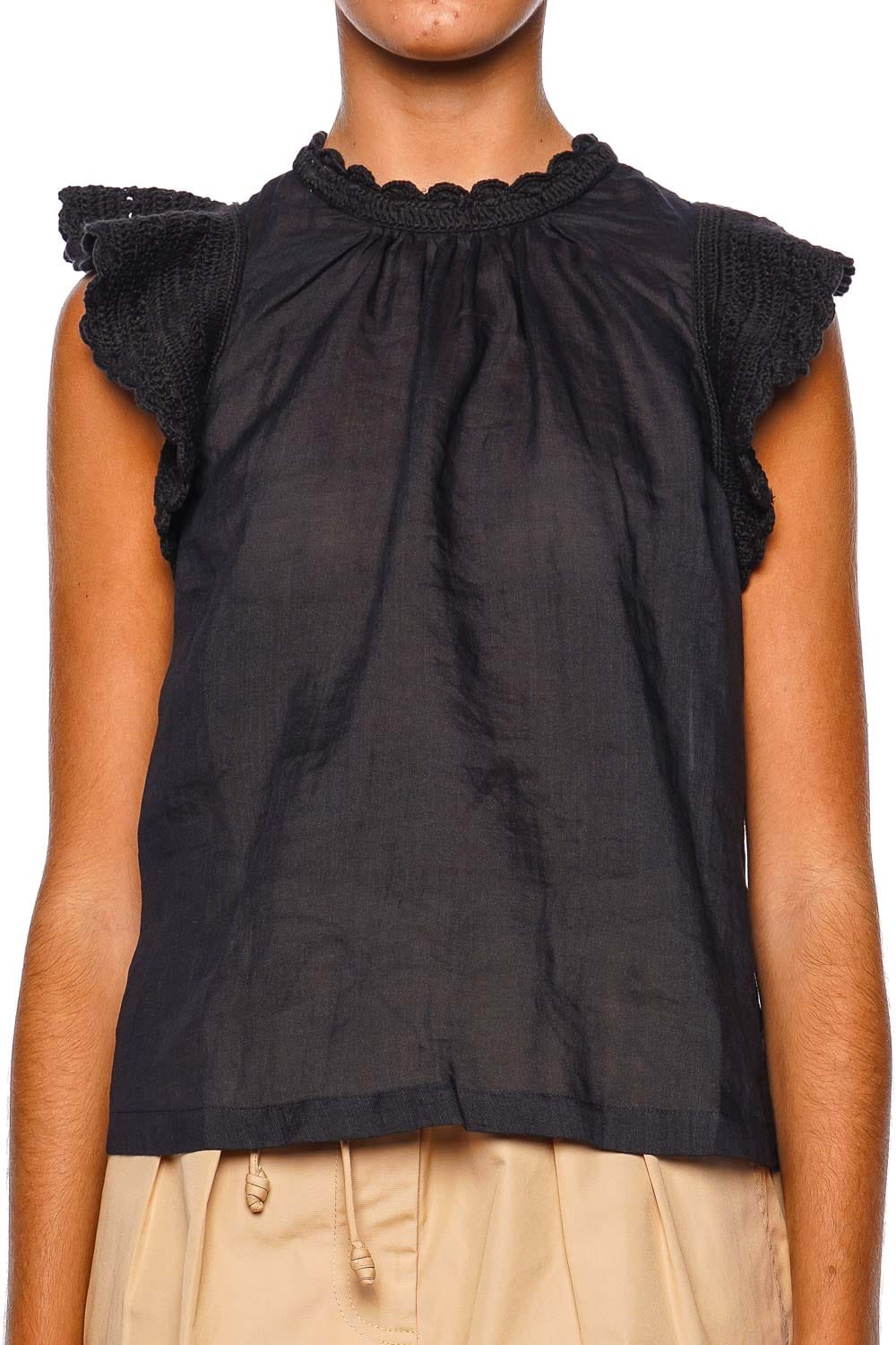 Ulla Johnson Kai Noir Ruffled Crochet-Sleeve Top