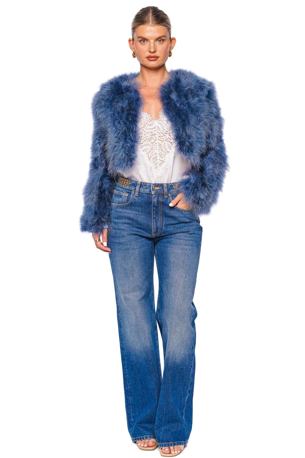 Bubish Manhattan Denim Blue Feather Cropped Jacket