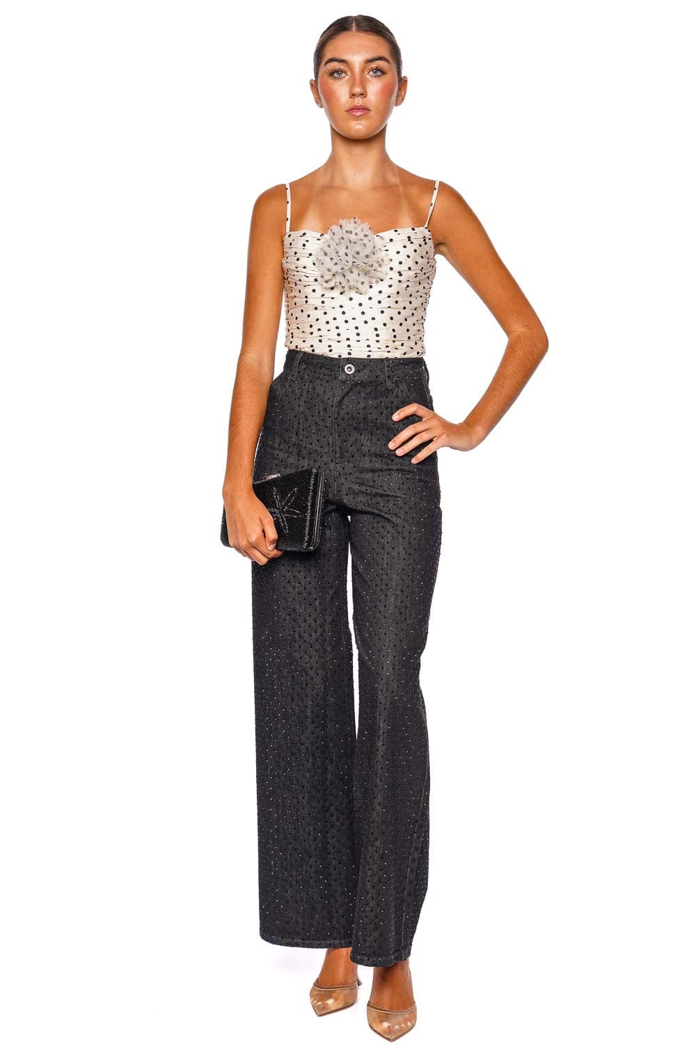 self-portrait Black Rhinestone Embellished Wide Leg Jean