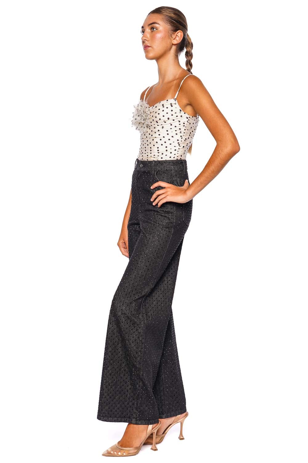 self-portrait Black Rhinestone Embellished Wide Leg Jean