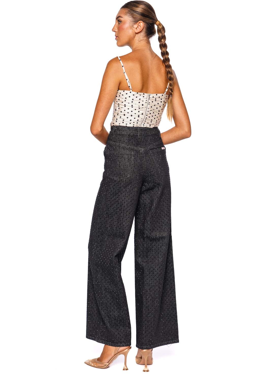 self-portrait Black Rhinestone Embellished Wide Leg Jean