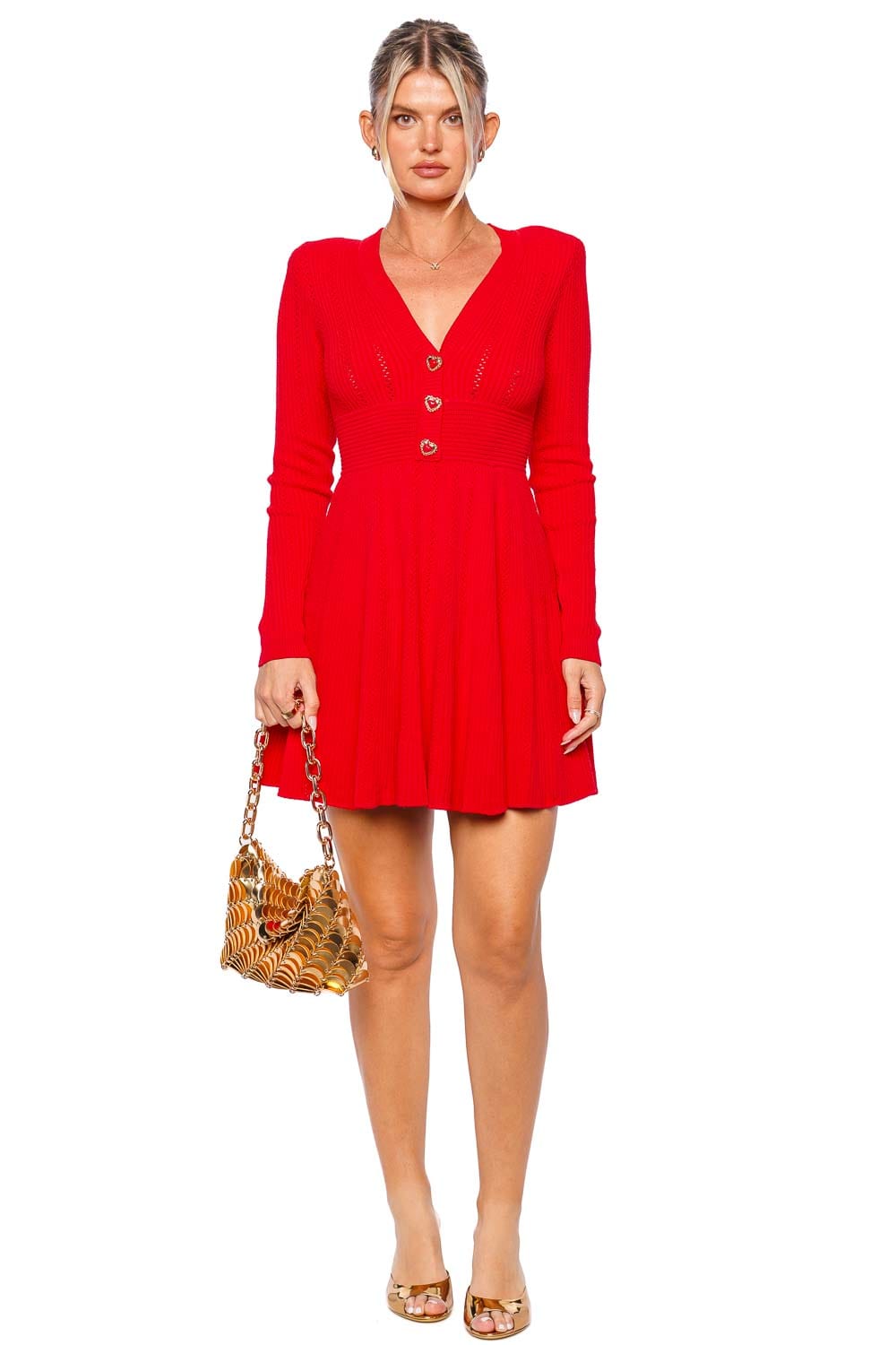 self-portrait Red Pointelle Knit Long Sleeve Mini Dress