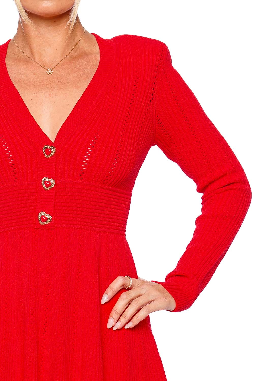 self-portrait Red Pointelle Knit Long Sleeve Mini Dress