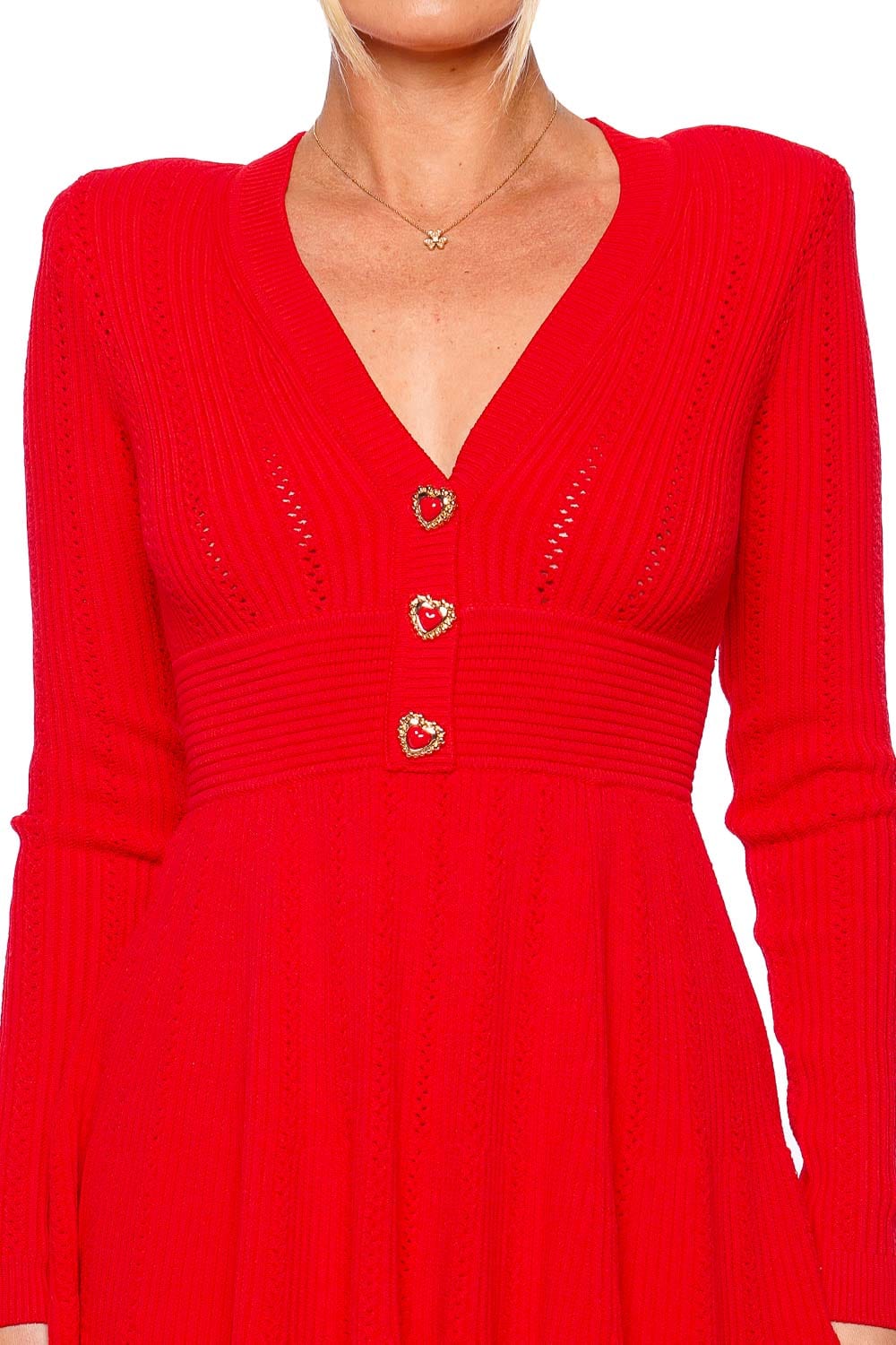 self-portrait Red Pointelle Knit Long Sleeve Mini Dress