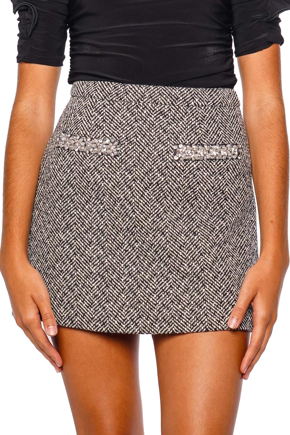 self-portrait Black Herringbone Diamanté Mini Skirt